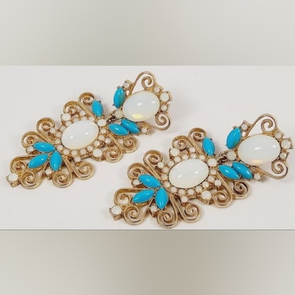 Kenneth J Lane 3" Dangle Opalite? Earrings Faux Turquoise 1970's VTG - Picture 2 of 5